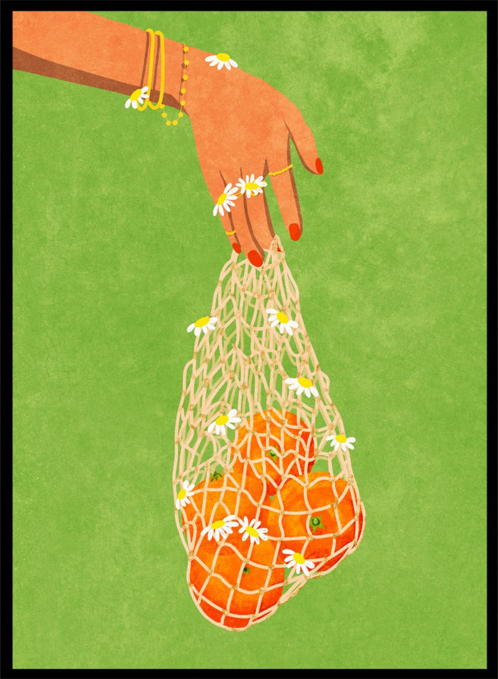 Illustration of a hand holding a bag of oranges with a green background. Fresh Oranges by Raissa Oltmanns fine art print featuring modern fruit illustration, stylish feminine hand art, contemporary kitchen wall decor poster.