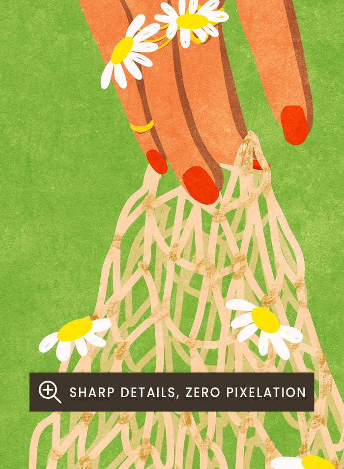 Illustration of a hand holding a bag of oranges with a green background. Fresh Oranges by Raissa Oltmanns fine art print featuring modern fruit illustration, stylish feminine hand art, contemporary kitchen wall decor poster.