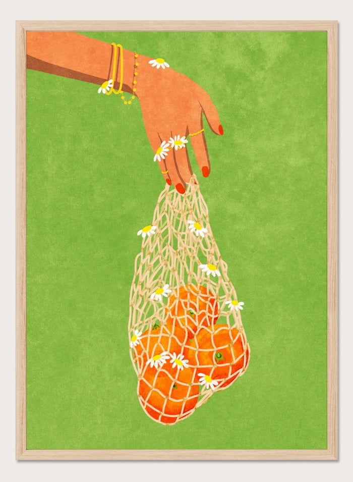 Illustration of a hand holding a bag of oranges with a green background. Fresh Oranges by Raissa Oltmanns fine art print featuring modern fruit illustration, stylish feminine hand art, contemporary kitchen wall decor poster.