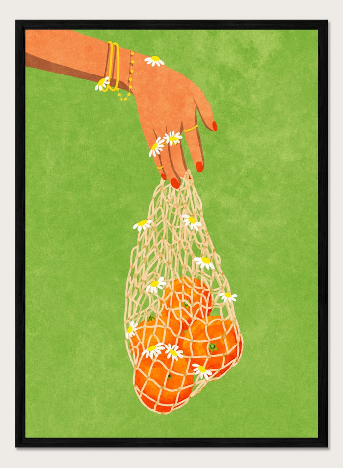 Illustration of a hand holding a bag of oranges with a green background. Fresh Oranges by Raissa Oltmanns fine art print featuring modern fruit illustration, stylish feminine hand art, contemporary kitchen wall decor poster.