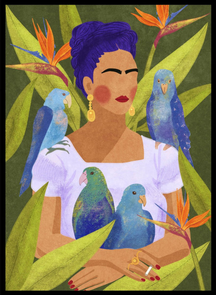 Artistic depiction of a woman with blue hair surrounded by parrots and tropical plants. Frida and Birds by Raissa Oltmanns is a modern Frida Kahlo inspired art print with tropical birds and bold botanical wall poster design.