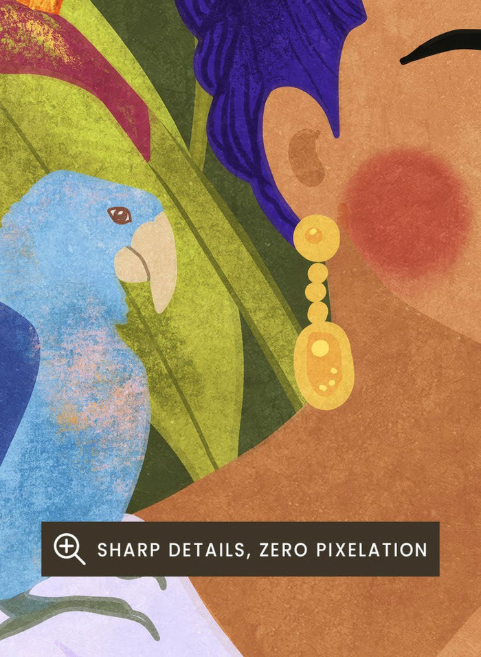 Artistic depiction of a woman with blue hair surrounded by parrots and tropical plants. Frida and Birds by Raissa Oltmanns is a modern Frida Kahlo inspired art print with tropical birds and bold botanical wall poster design.