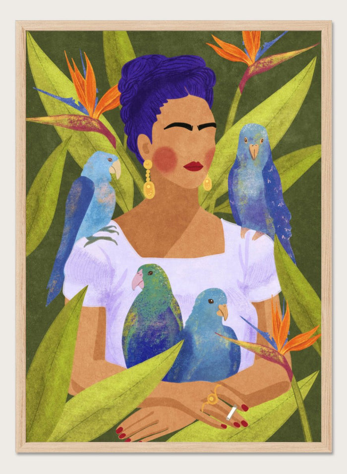Artistic depiction of a woman with blue hair surrounded by parrots and tropical plants. Frida and Birds by Raissa Oltmanns is a modern Frida Kahlo inspired art print with tropical birds and bold botanical wall poster design.