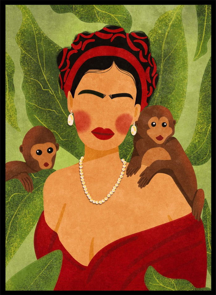 Illustration of a woman with two monkeys on a green leafy background. Frida and Monkeys by Raissa Oltmanns fine art print featuring modern Frida Kahlo portrait with monkeys, bold contemporary wall decor poster.