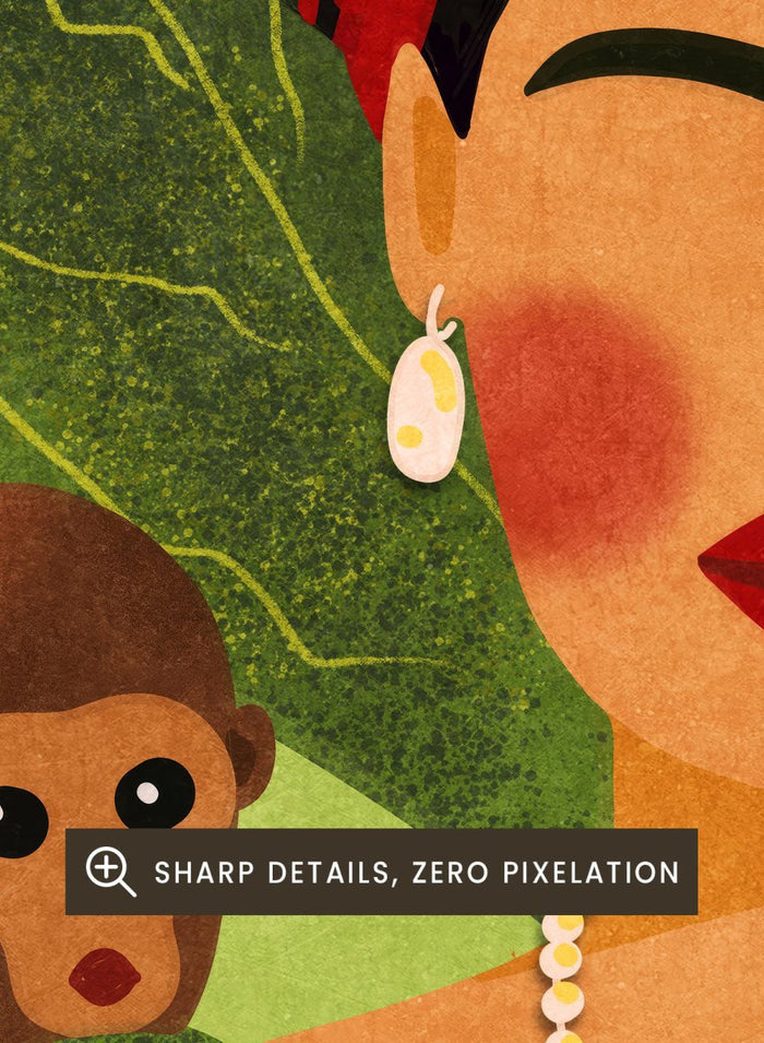 Illustration of a woman with two monkeys on a green leafy background. Frida and Monkeys by Raissa Oltmanns fine art print featuring modern Frida Kahlo portrait with monkeys, bold contemporary wall decor poster.