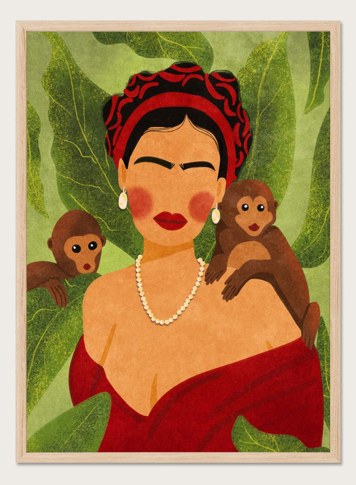 Illustration of a woman with two monkeys on a green leafy background. Frida and Monkeys by Raissa Oltmanns fine art print featuring modern Frida Kahlo portrait with monkeys, bold contemporary wall decor poster.