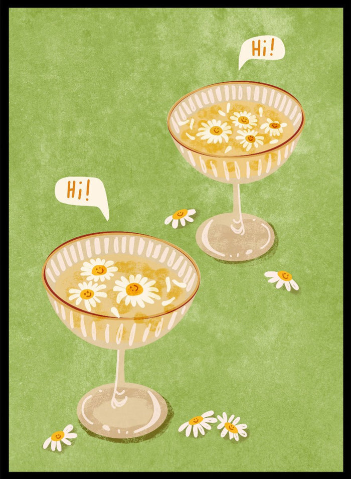Illustration of two cocktail glasses with daisies on a green background. Hi by Raissa Oltmanns is a modern cocktail art print featuring smiling daisy drinks in playful contemporary wall poster style.