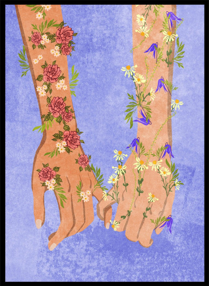 Illustration of two hands holding each other with floral designs on a blue background. Holding Hands by Raissa Oltmanns is a modern romantic fine art print featuring floral arms illustration and contemporary love wall decor poster.
