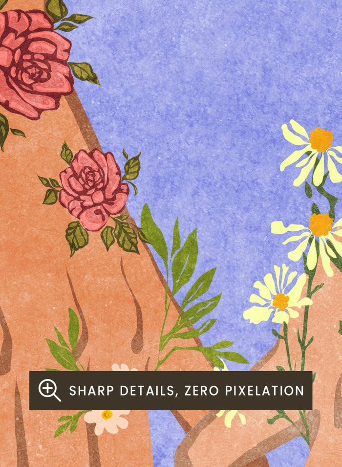 Illustration of two hands holding each other with floral designs on a blue background. Holding Hands by Raissa Oltmanns is a modern romantic fine art print featuring floral arms illustration and contemporary love wall decor poster.
