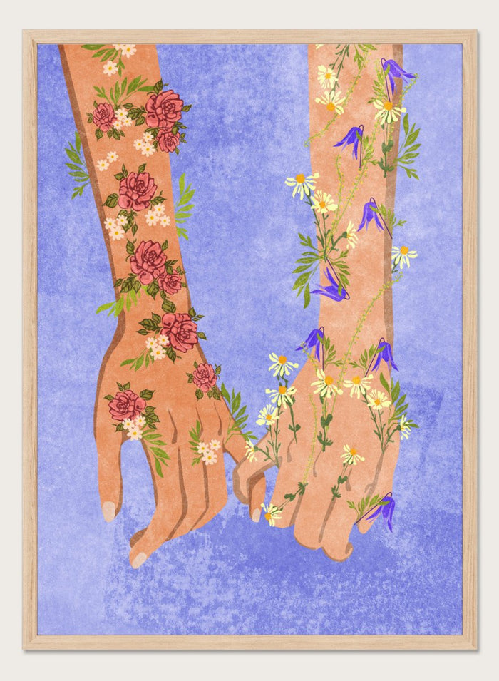 Illustration of two hands holding each other with floral designs on a blue background. Holding Hands by Raissa Oltmanns is a modern romantic fine art print featuring floral arms illustration and contemporary love wall decor poster.