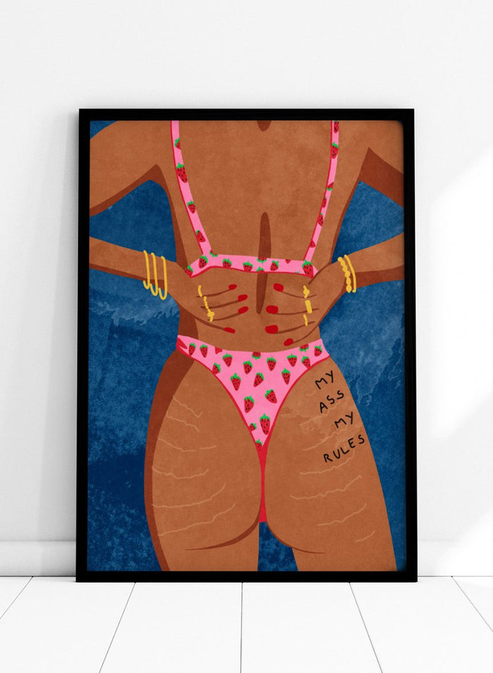 Illustration of a person wearing a pink bikini with strawberry pattern against a blue background. My Ass My Rules by Raissa Oltmanns is a modern woman portrait art print featuring a bold bikini illustration and confident statement wall poster.