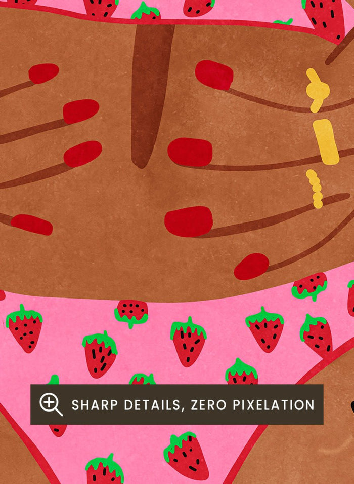 Illustration of a person wearing a pink bikini with strawberry pattern against a blue background. My Ass My Rules by Raissa Oltmanns is a modern woman portrait art print featuring a bold bikini illustration and confident statement wall poster.