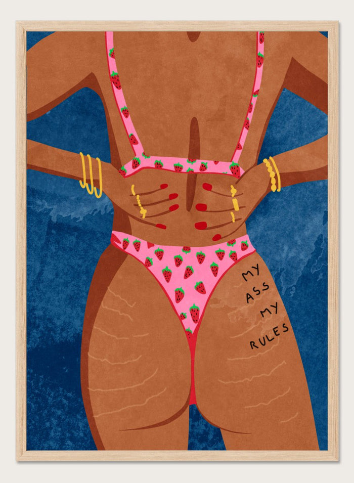 Illustration of a person wearing a pink bikini with strawberry pattern against a blue background. My Ass My Rules by Raissa Oltmanns is a modern woman portrait art print featuring a bold bikini illustration and confident statement wall poster.