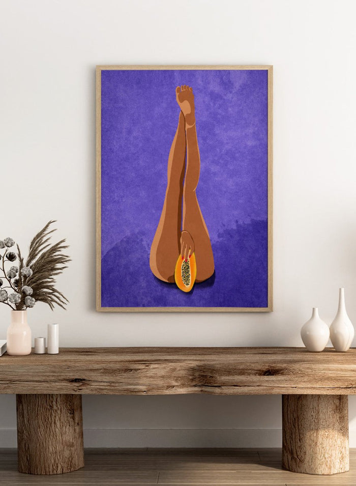My Papaya by Raissa Oltmanns is a modern woman body art print featuring a bold papaya fruit illustration, playful legs portrait design, and statement wall poster.
