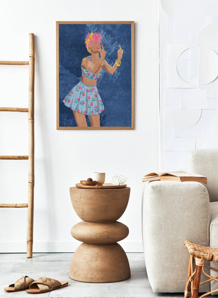 Illustration of a woman in a floral outfit against a blue textured background. Not Your Girl by Raissa Oltmanns is a modern woman portrait art print with a bold middle finger pose, floral outfit illustration, and statement wall poster style.