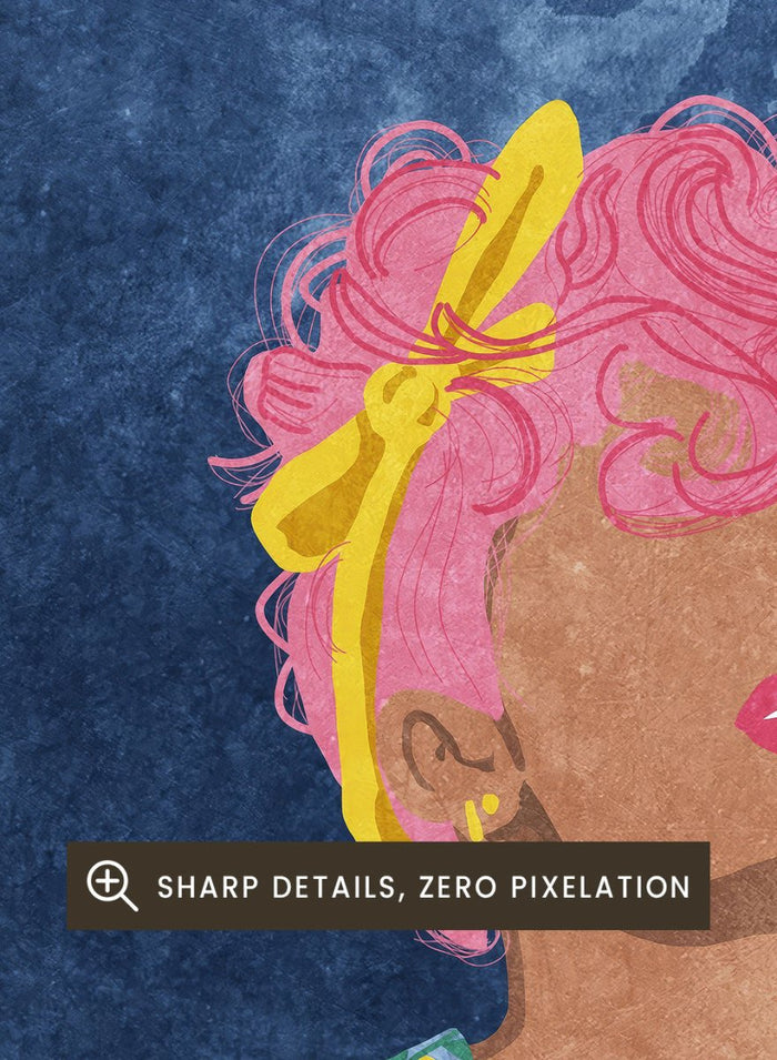 Illustration of a woman in a floral outfit against a blue textured background. Not Your Girl by Raissa Oltmanns is a modern woman portrait art print with a bold middle finger pose, floral outfit illustration, and statement wall poster style.