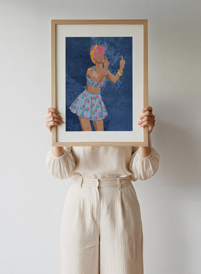 Illustration of a woman in a floral outfit against a blue textured background. Not Your Girl by Raissa Oltmanns is a modern woman portrait art print with a bold middle finger pose, floral outfit illustration, and statement wall poster style.