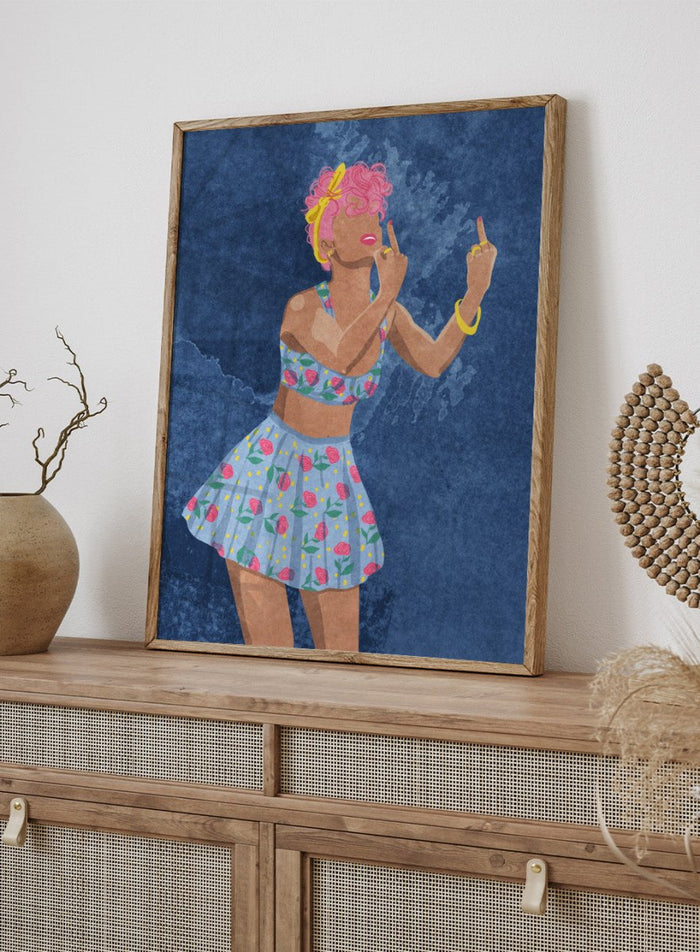 Illustration of a woman in a floral outfit against a blue textured background. Not Your Girl by Raissa Oltmanns is a modern woman portrait art print with a bold middle finger pose, floral outfit illustration, and statement wall poster style.