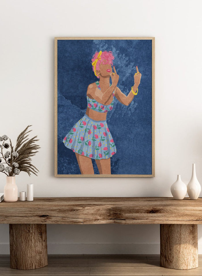Illustration of a woman in a floral outfit against a blue textured background. Not Your Girl by Raissa Oltmanns is a modern woman portrait art print with a bold middle finger pose, floral outfit illustration, and statement wall poster style.