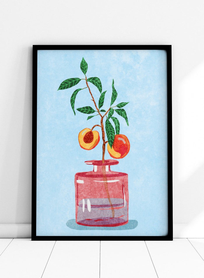 Illustration of a peach tree in a glass vase against a light blue background. Peach Tree in Vase by Raissa Oltmanns is a modern peach still life art print with fruit branch and kitchen wall poster design.