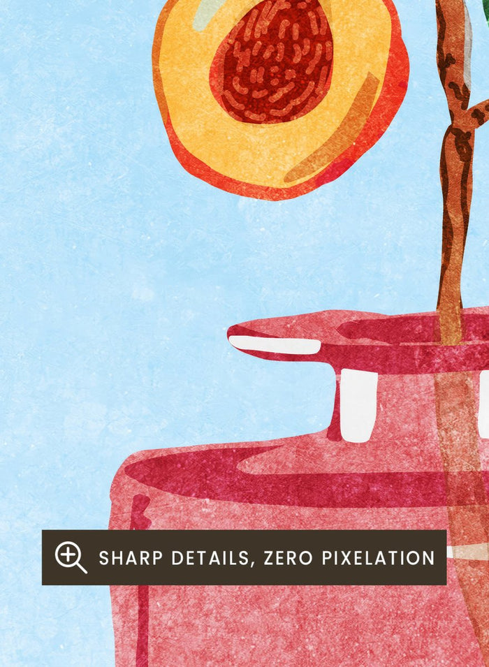 Illustration of a peach tree in a glass vase against a light blue background. Peach Tree in Vase by Raissa Oltmanns is a modern peach still life art print with fruit branch and kitchen wall poster design.