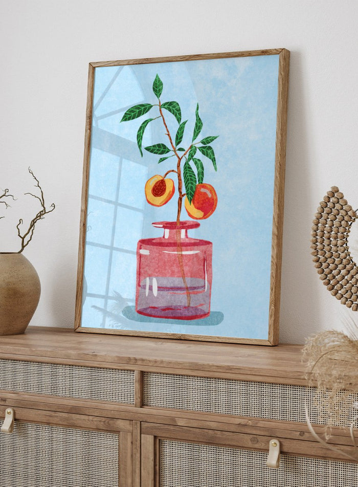 Illustration of a peach tree in a glass vase against a light blue background. Peach Tree in Vase by Raissa Oltmanns is a modern peach still life art print with fruit branch and kitchen wall poster design.