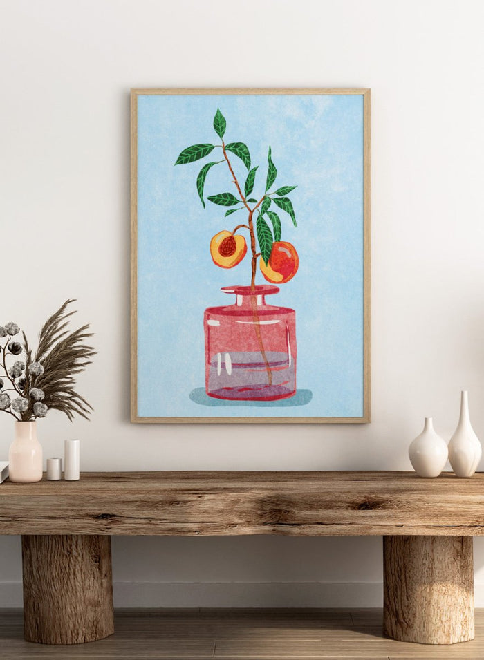 Illustration of a peach tree in a glass vase against a light blue background. Peach Tree in Vase by Raissa Oltmanns is a modern peach still life art print with fruit branch and kitchen wall poster design.