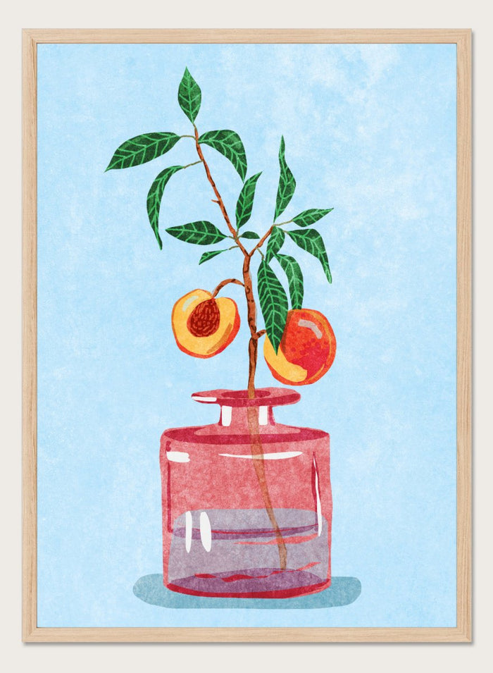 Illustration of a peach tree in a glass vase against a light blue background. Peach Tree in Vase by Raissa Oltmanns is a modern peach still life art print with fruit branch and kitchen wall poster design.