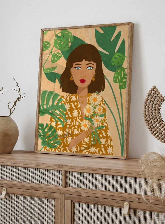 Illustration of a woman holding flowers with green leaves in the background. Plant Lady by Raissa Oltmanns fine art print featuring modern botanical woman portrait with daisies and green leaves, contemporary wall art poster.
