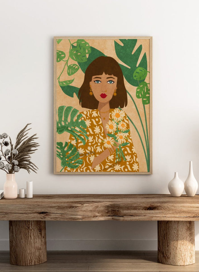 Illustration of a woman holding flowers with green leaves in the background. Plant Lady by Raissa Oltmanns fine art print featuring modern botanical woman portrait with daisies and green leaves, contemporary wall art poster.