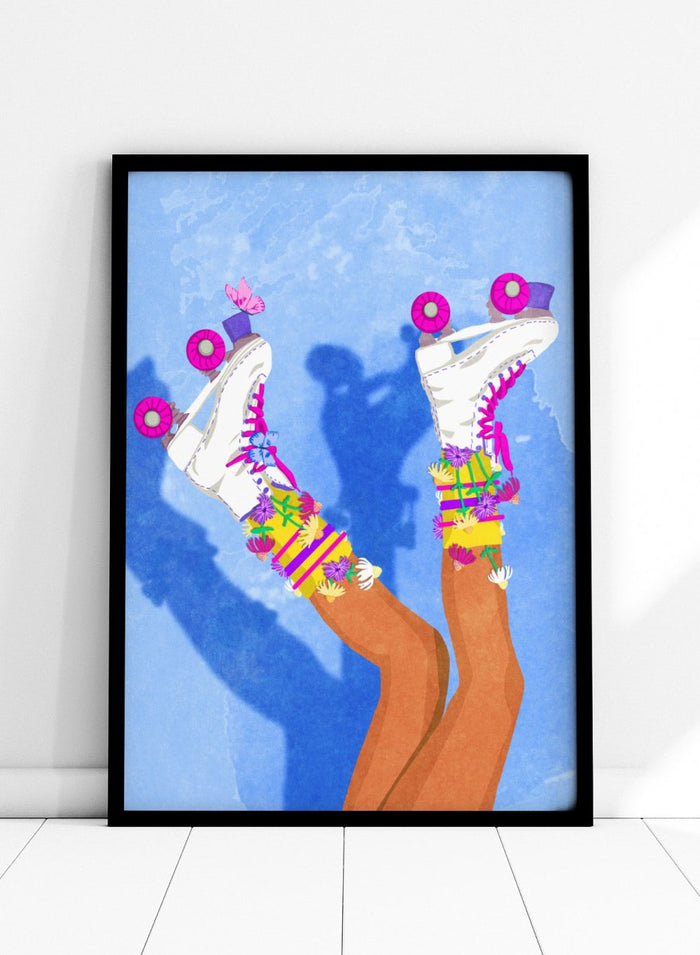 Colorful roller skates with pink and purple wheels on a blue background. Skate Like a Girl by Raissa Oltmanns fine art print featuring colorful roller skate illustration, bold feminine wall decor, modern contemporary poster design.