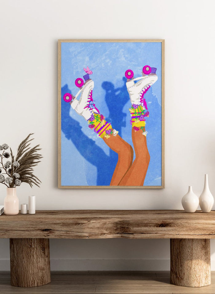 Colorful roller skates with pink and purple wheels on a blue background. Skate Like a Girl by Raissa Oltmanns fine art print featuring colorful roller skate illustration, bold feminine wall decor, modern contemporary poster design.