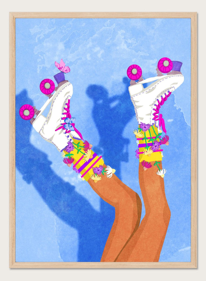 Colorful roller skates with pink and purple wheels on a blue background. Skate Like a Girl by Raissa Oltmanns fine art print featuring colorful roller skate illustration, bold feminine wall decor, modern contemporary poster design.