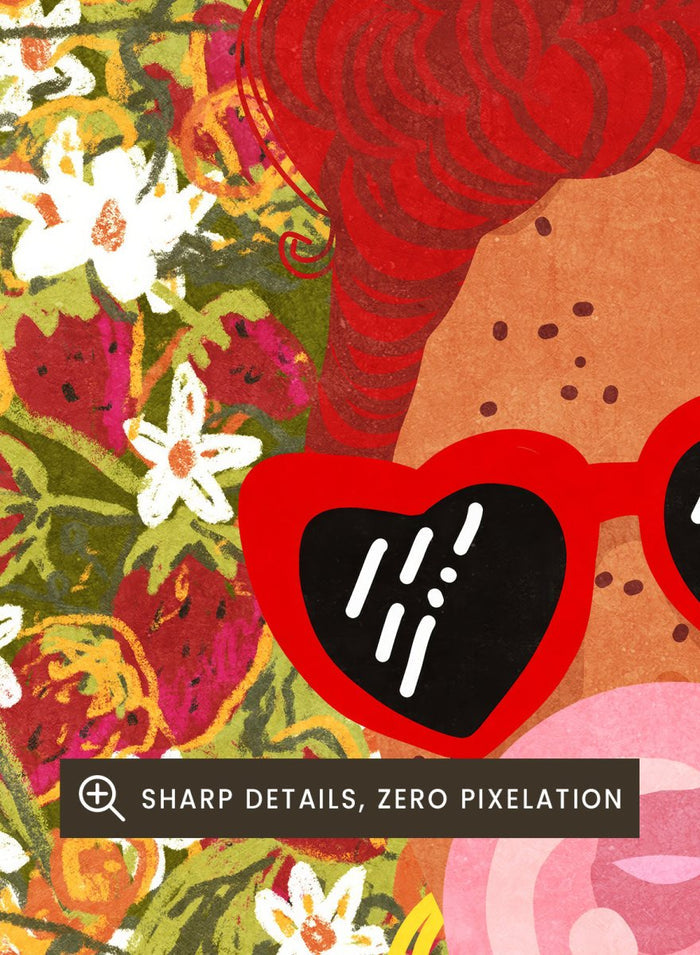 Illustration of a woman with red hair, sunglasses, and a pink bubble gum against a floral background. Strawberry Lady by Raissa Oltmanns fine art print featuring bold female portrait with strawberry background, modern colorful wall decor poster.