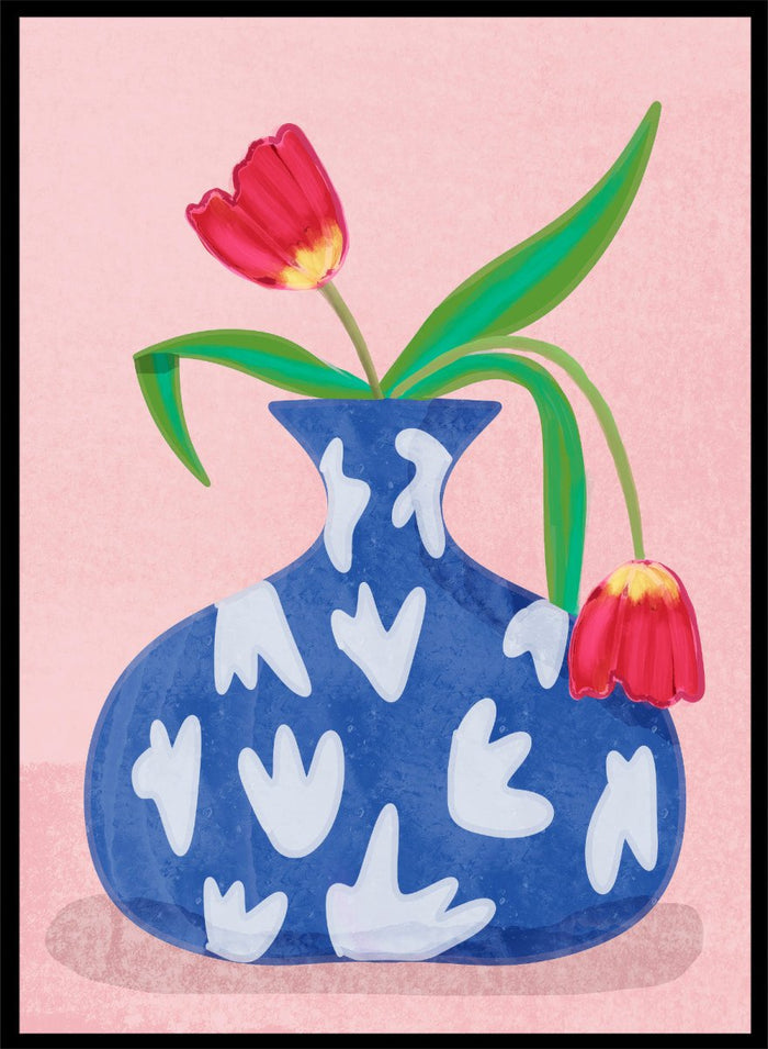 Blue vase with white abstract patterns and red tulips on a pink background. Tulip in Vase by Raissa Oltmanns fine art print featuring bold red tulip, blue patterned vase, modern contemporary floral wall decor poster.