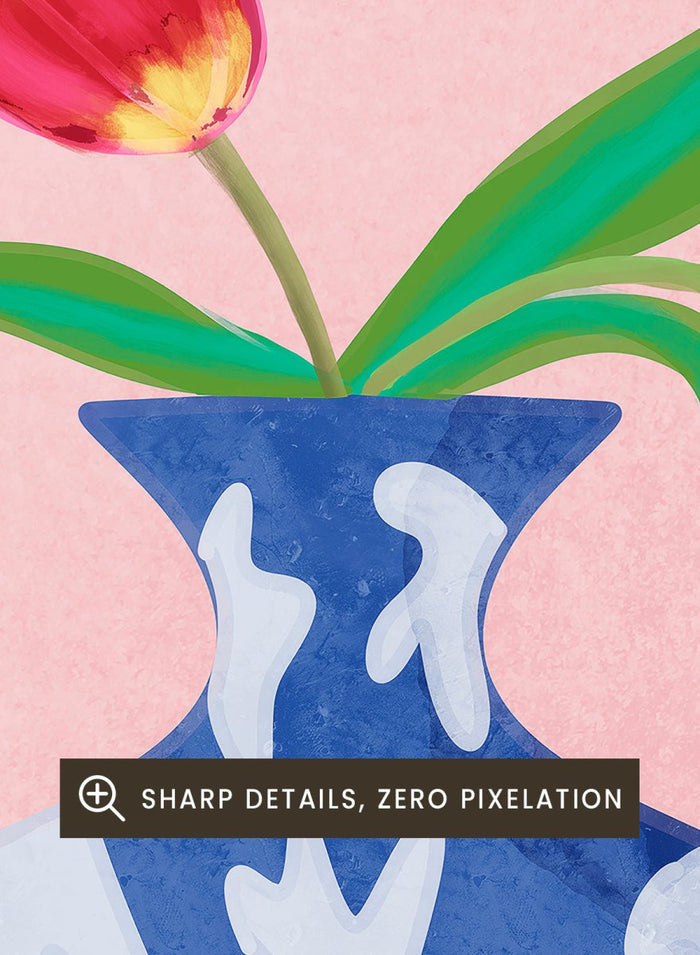 Blue vase with white abstract patterns and red tulips on a pink background. Tulip in Vase by Raissa Oltmanns fine art print featuring bold red tulip, blue patterned vase, modern contemporary floral wall decor poster.