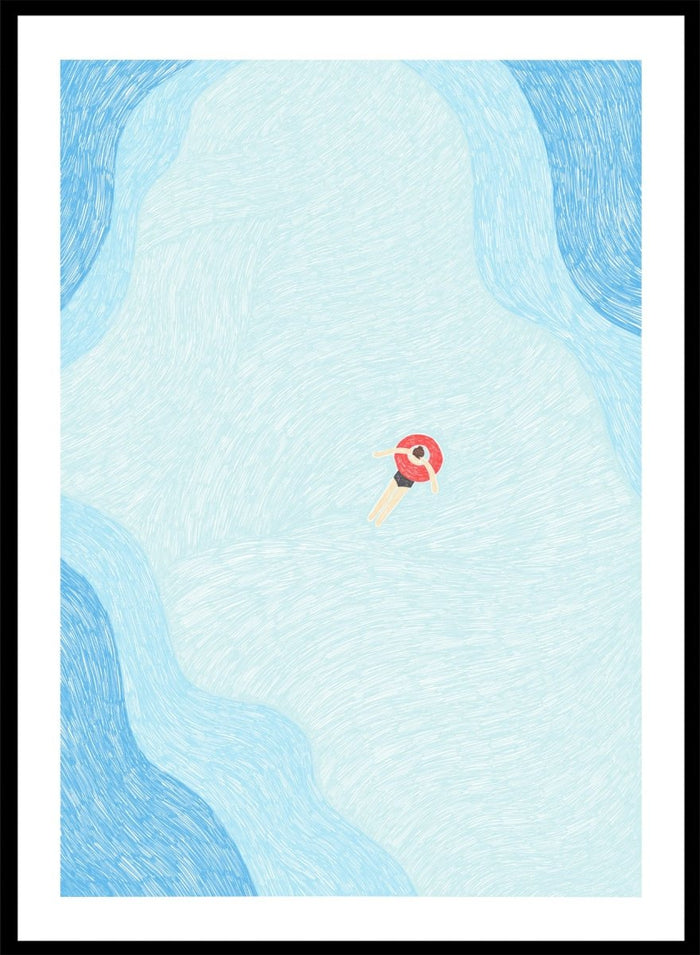 Calm Summer Swim by Rio Soléy is a minimalist coastal art print featuring a lone swimmer, soft blue water, playful illustration, and relaxed summer vibes.
