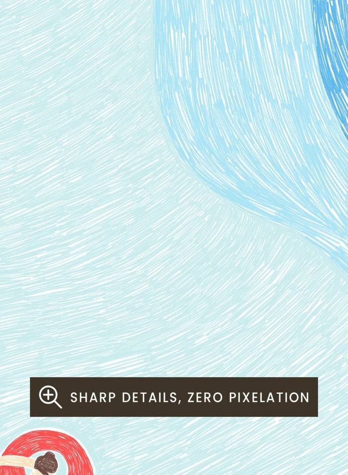 Calm Summer Swim by Rio Soléy is a minimalist coastal art print featuring a lone swimmer, soft blue water, playful illustration, and relaxed summer vibes.