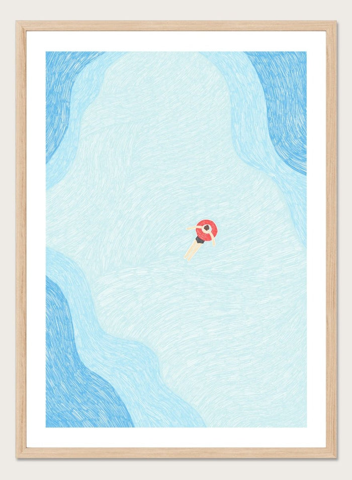 Calm Summer Swim by Rio Soléy is a minimalist coastal art print featuring a lone swimmer, soft blue water, playful illustration, and relaxed summer vibes.