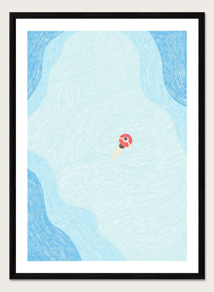 Calm Summer Swim by Rio Soléy is a minimalist coastal art print featuring a lone swimmer, soft blue water, playful illustration, and relaxed summer vibes.