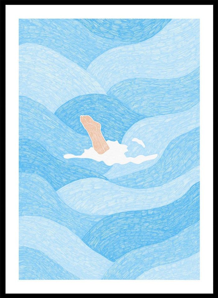Illustration of a person swimming in blue water with a white border. Hand Reaching Blue Ocean by Rio Soléy is a modern coastal art print featuring swirling blue waves, minimalist illustration, playful design, and contemporary seaside charm.