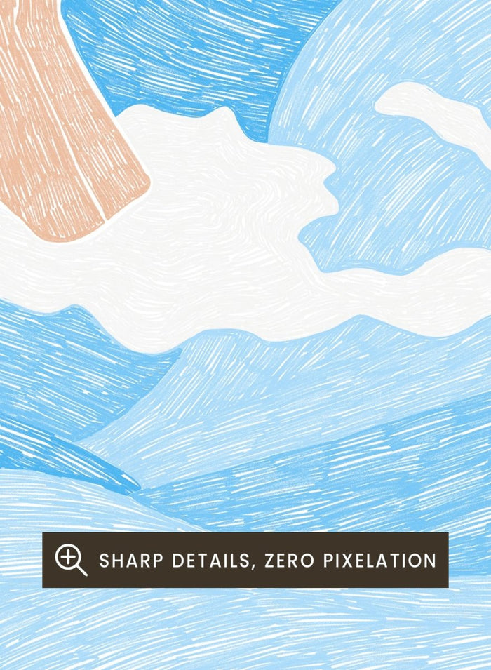 Illustration of a person swimming in blue water with a white border. Hand Reaching Blue Ocean by Rio Soléy is a modern coastal art print featuring swirling blue waves, minimalist illustration, playful design, and contemporary seaside charm.