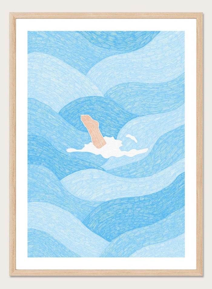 Illustration of a person swimming in blue water with a white border. Hand Reaching Blue Ocean by Rio Soléy is a modern coastal art print featuring swirling blue waves, minimalist illustration, playful design, and contemporary seaside charm.