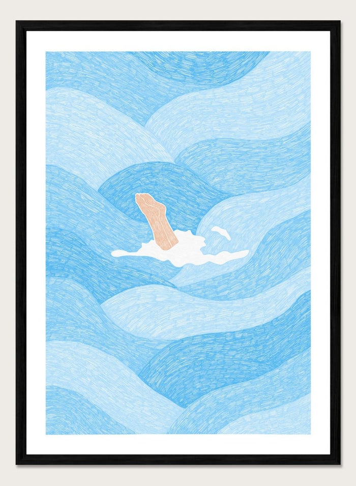 Illustration of a person swimming in blue water with a white border. Hand Reaching Blue Ocean by Rio Soléy is a modern coastal art print featuring swirling blue waves, minimalist illustration, playful design, and contemporary seaside charm.