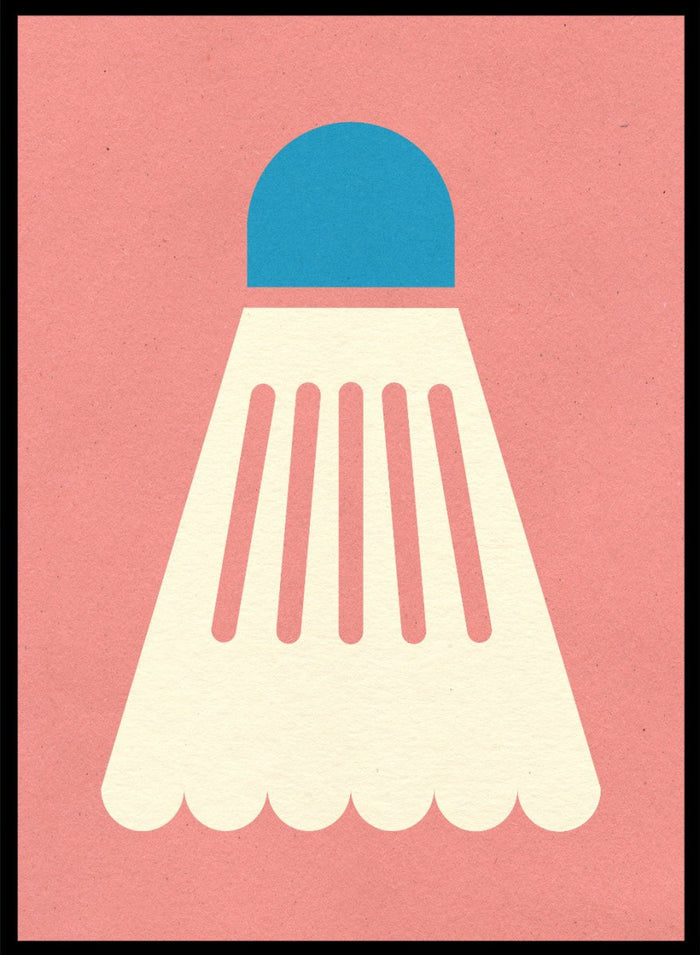 Shuttlecock with blue top and white body on a pink background. Badminton White Blue by Rosi Feist is a modern sports wall art print featuring a minimalist shuttlecock design in bold color and graphic poster style.