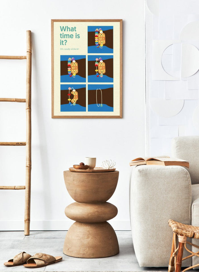 Cartoon character with a candy clock on wrist, asking 'What time is it? It's candy o'clock!' on a blue and brown background. Poster Candy Clock by Rosi Feist is a playful candy bracelet art print with bold Bauhaus design and retro color. Officially licensed modern wall poster.