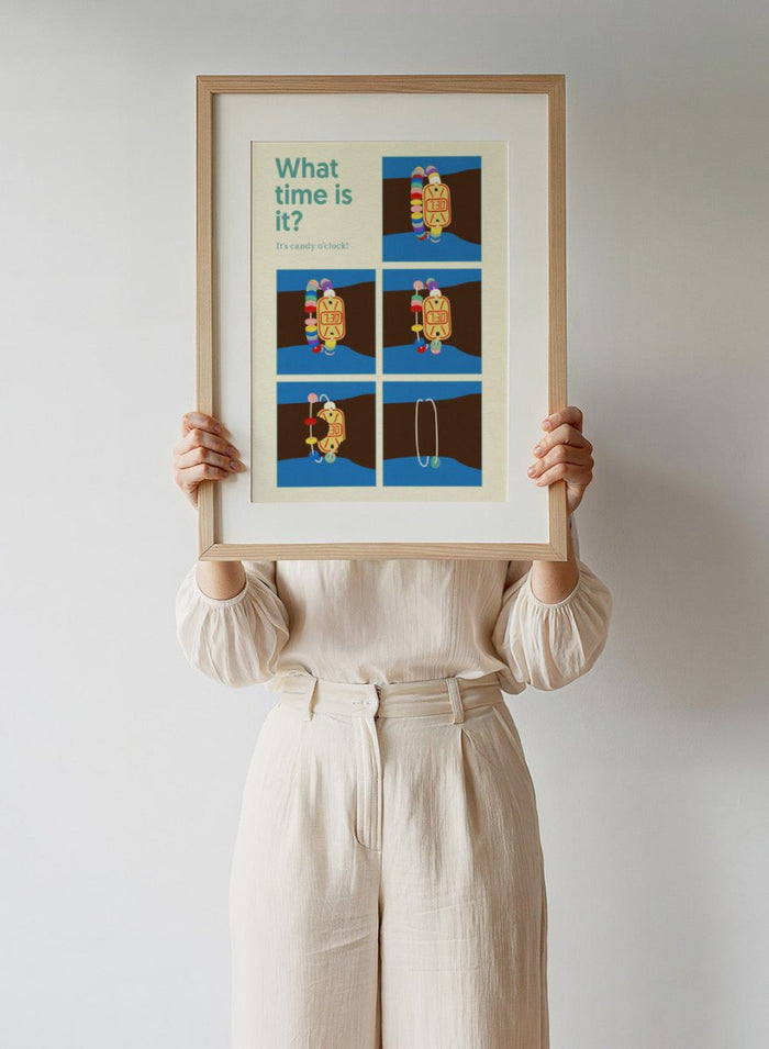 Cartoon character with a candy clock on wrist, asking 'What time is it? It's candy o'clock!' on a blue and brown background. Poster Candy Clock by Rosi Feist is a playful candy bracelet art print with bold Bauhaus design and retro color. Officially licensed modern wall poster.