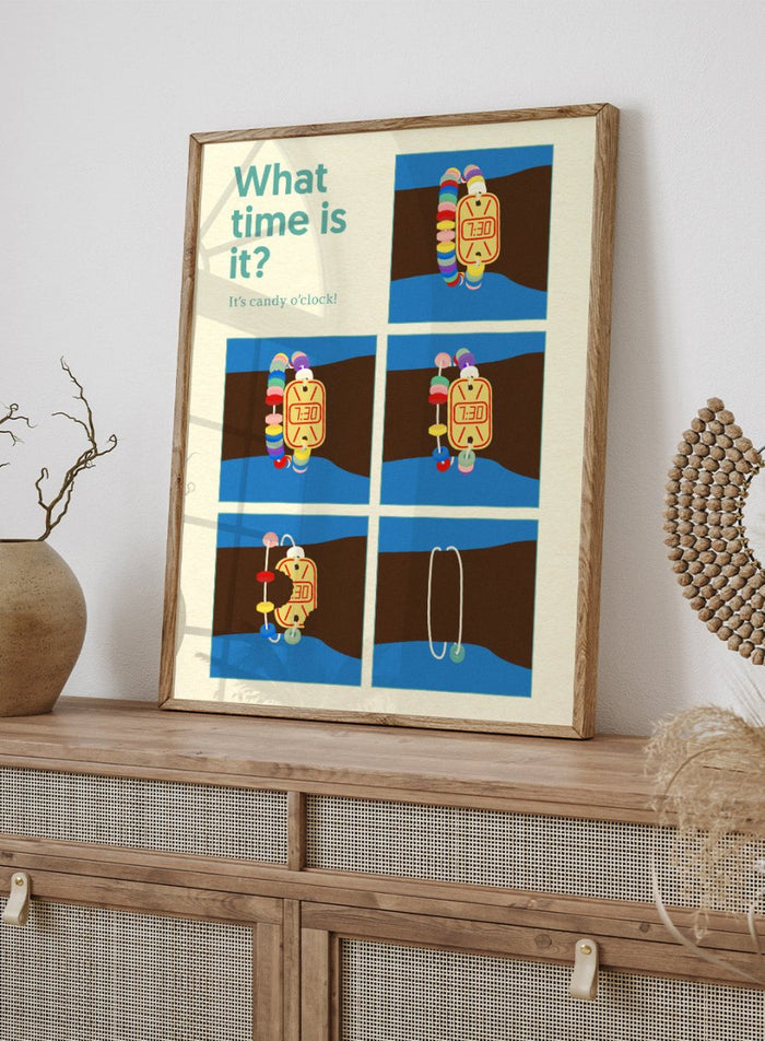 Cartoon character with a candy clock on wrist, asking 'What time is it? It's candy o'clock!' on a blue and brown background. Poster Candy Clock by Rosi Feist is a playful candy bracelet art print with bold Bauhaus design and retro color. Officially licensed modern wall poster.