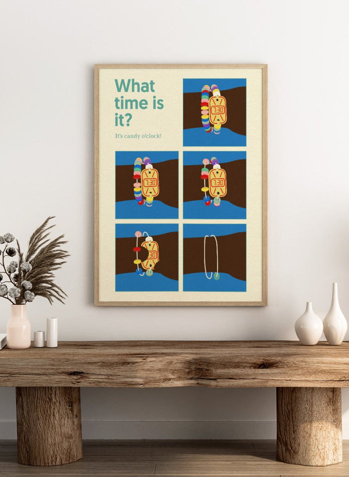 Cartoon character with a candy clock on wrist, asking 'What time is it? It's candy o'clock!' on a blue and brown background. Poster Candy Clock by Rosi Feist is a playful candy bracelet art print with bold Bauhaus design and retro color. Officially licensed modern wall poster.