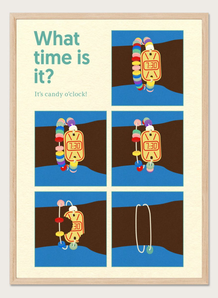 Cartoon character with a candy clock on wrist, asking 'What time is it? It's candy o'clock!' on a blue and brown background. Poster Candy Clock by Rosi Feist is a playful candy bracelet art print with bold Bauhaus design and retro color. Officially licensed modern wall poster.